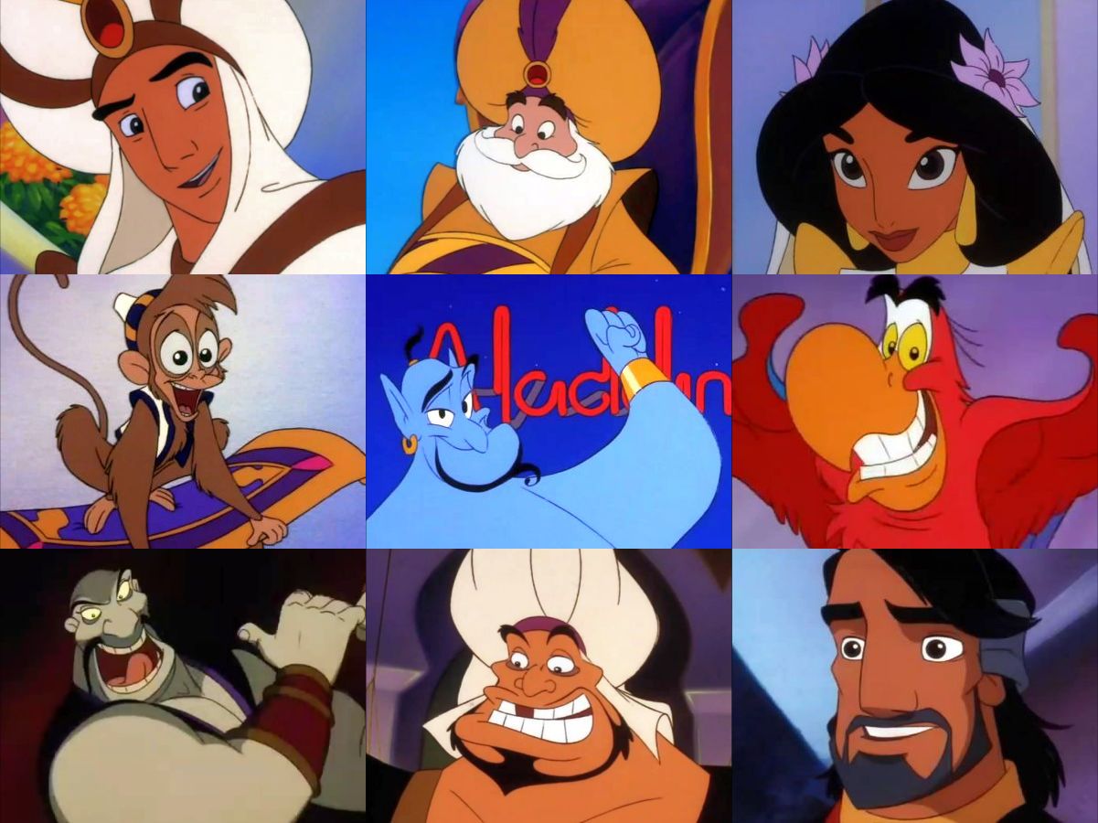 Download original new poster with Disney characters Aladdin, Sultan of Agrabah, Princess Jasmine, Abu the Monkey, Genie, Iago the Parrot, Sa'luk, Razoul, Cassim the King of Thieves