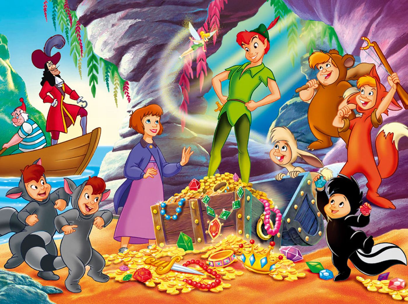 Download original wallpaper with Disney characters Peter Pan, Wendy, Captain Hook, Tinkerbell, Mr. Smee, The Lost Boys, Cubby, Nibs, The Twins, Slightly